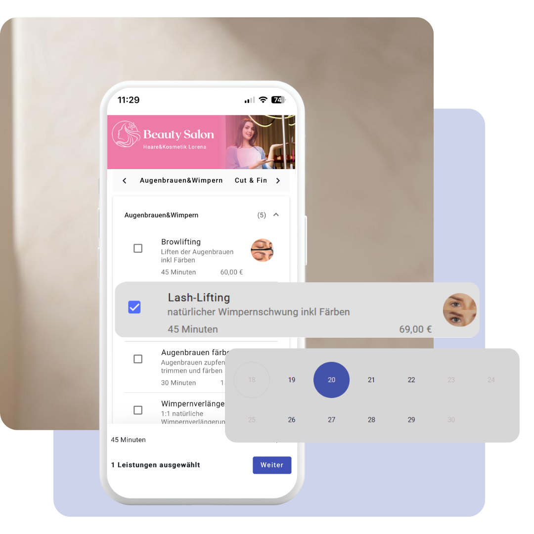 Ein Smartphone zeigt die Onlinebuchungsfunktion von Calendall. Der Bildschirm zeigt eine Auswahl an Dienstleistungen wie Lash-Lifting und Browlifting, deren Dauer, Preis und Beschreibung. Darunter ist ein Kalender zur Terminwahl eingeblendet.