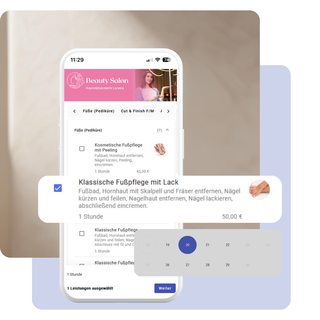 Ein Smartphone zeigt die Onlinebuchungsfunktion von Calendall für Fußpflegestudios. Angezeigt werden Dienstleistungen wie klassische Fußpflege mit Lack oder Peeling, mit Beschreibung, Dauer und Preis. Ein Kalender zur Terminwahl ist ebenfalls eingeblendet.