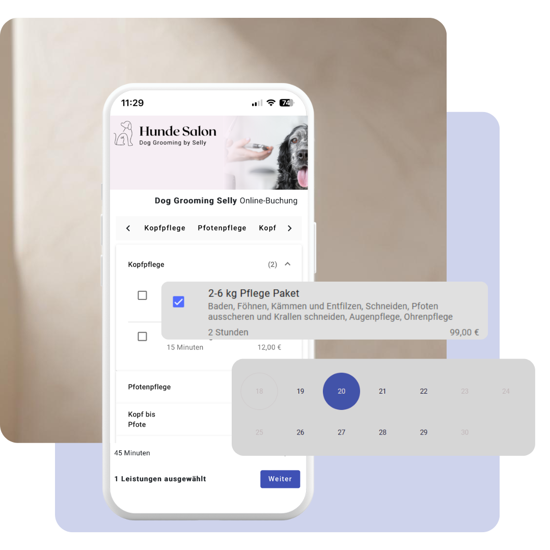 Ein Smartphone zeigt die Onlinebuchungsfunktion von Calendall für Hundesalons. Auf dem Bildschirm werden verschiedene Pflegepakete für Hunde mit Beschreibung, Dauer und Preis angezeigt. Ein Kalender zur Terminwahl ist eingeblendet.