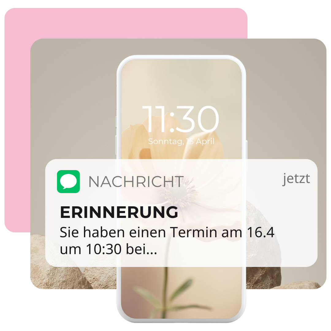 Ein Smartphone-Bildschirm mit einer Terminerinnerung als Benachrichtigung. Die Nachricht zeigt die Uhrzeit, das Datum und eine Erinnerung an einen bevorstehenden Termin.