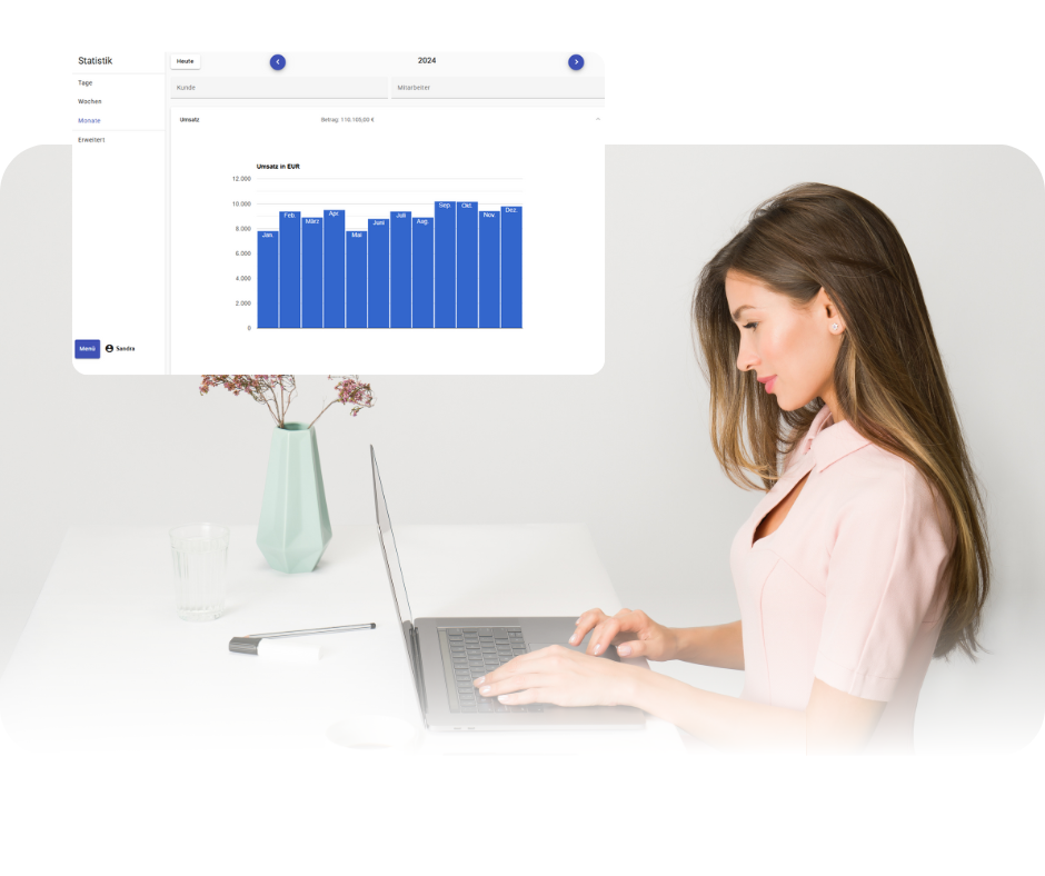 Statistik-Dashboard zur Umsatzanalyse mit Filteroptionen für Mitarbeiter- und Kundenmanagement, dargestellt auf Laptop-Bildschirm.